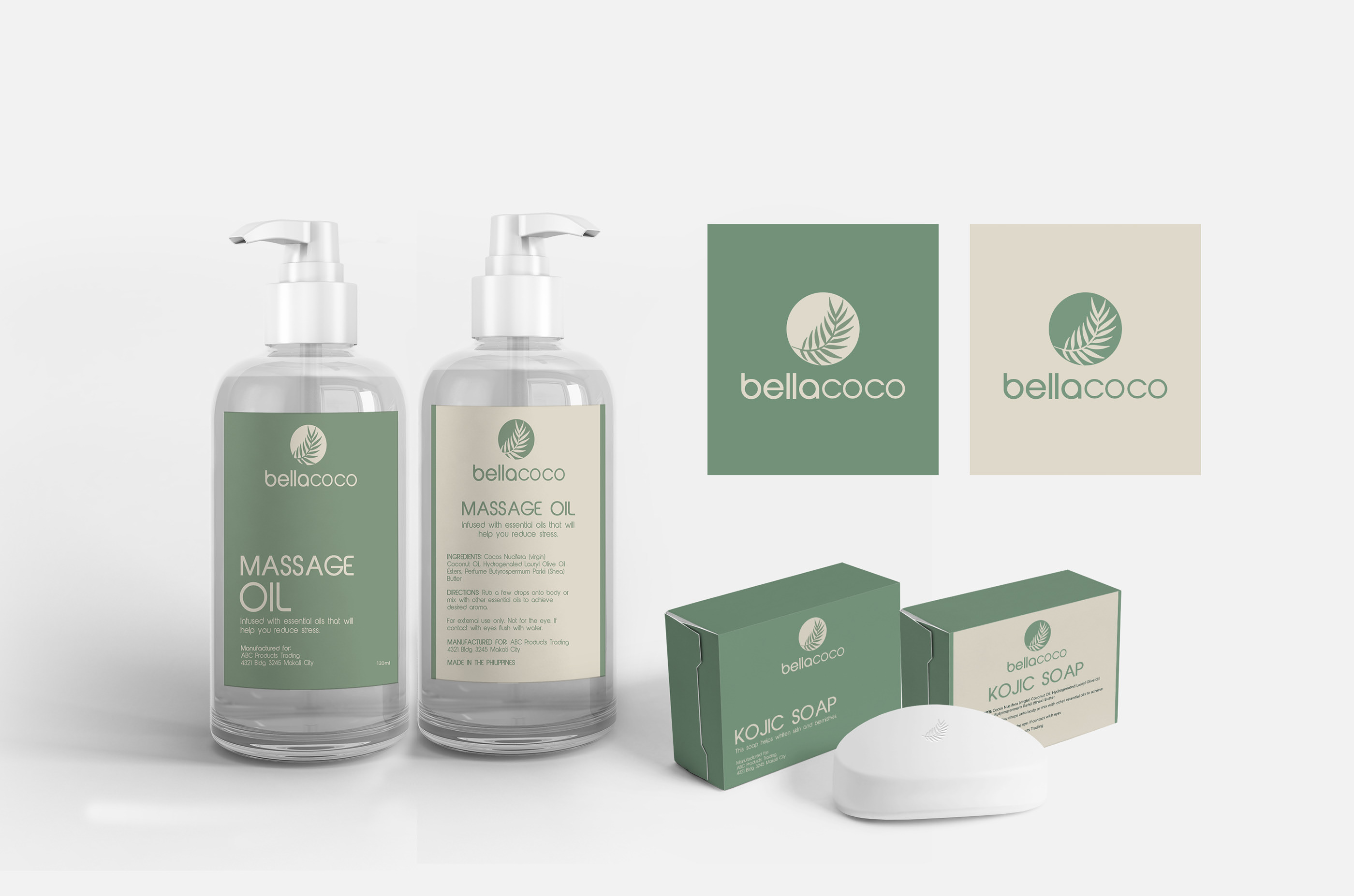Bellacoco massage oil and kojic soap branding