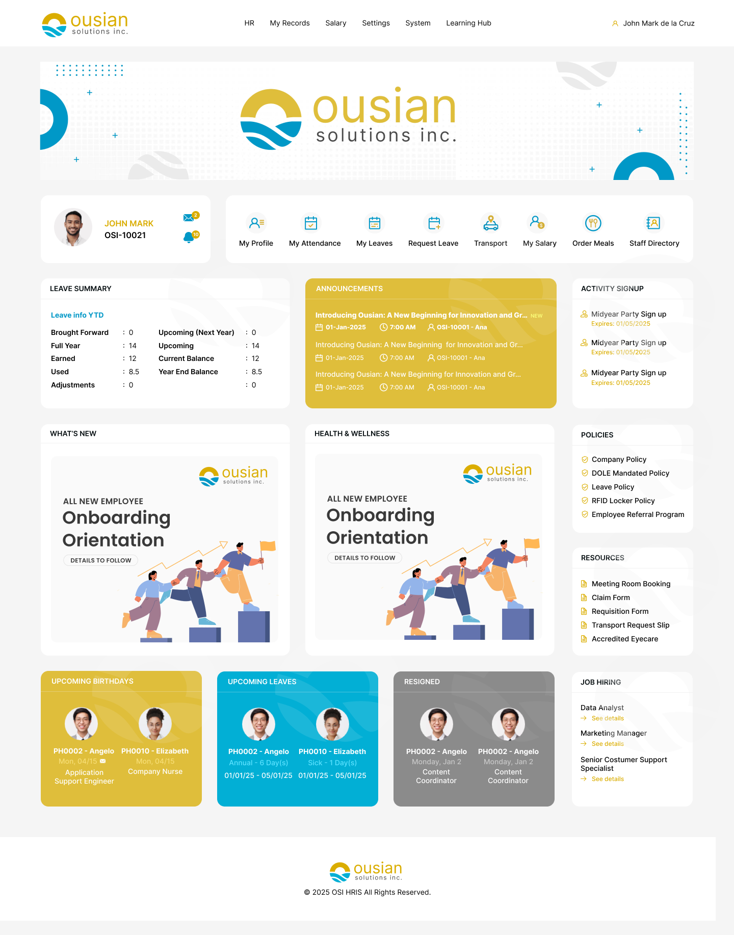 Ousian HRIS Home Dashboard