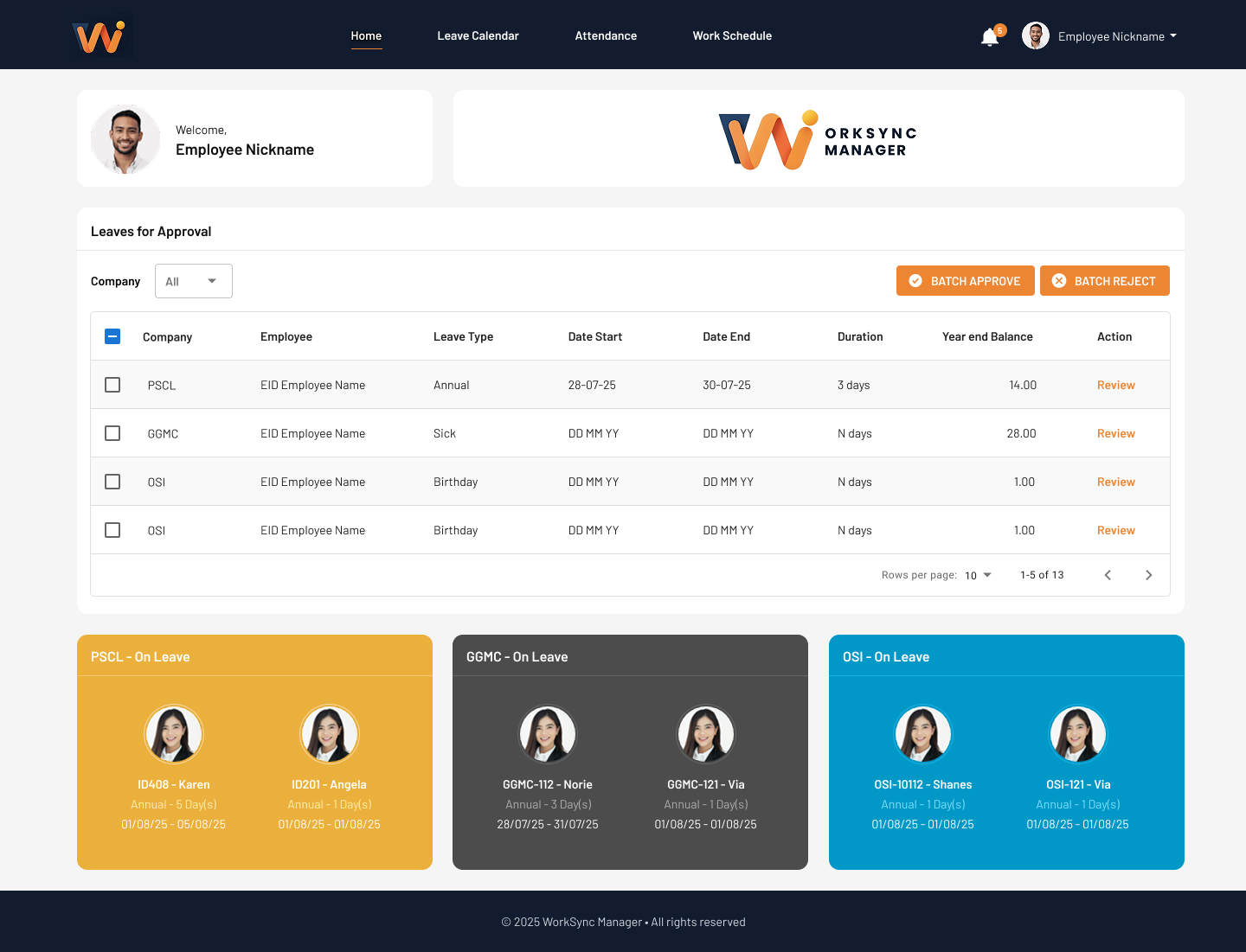 WorkSync Manager Dashboard